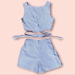 Womens Summer Two Piece Set, blue and white vertical stripes.